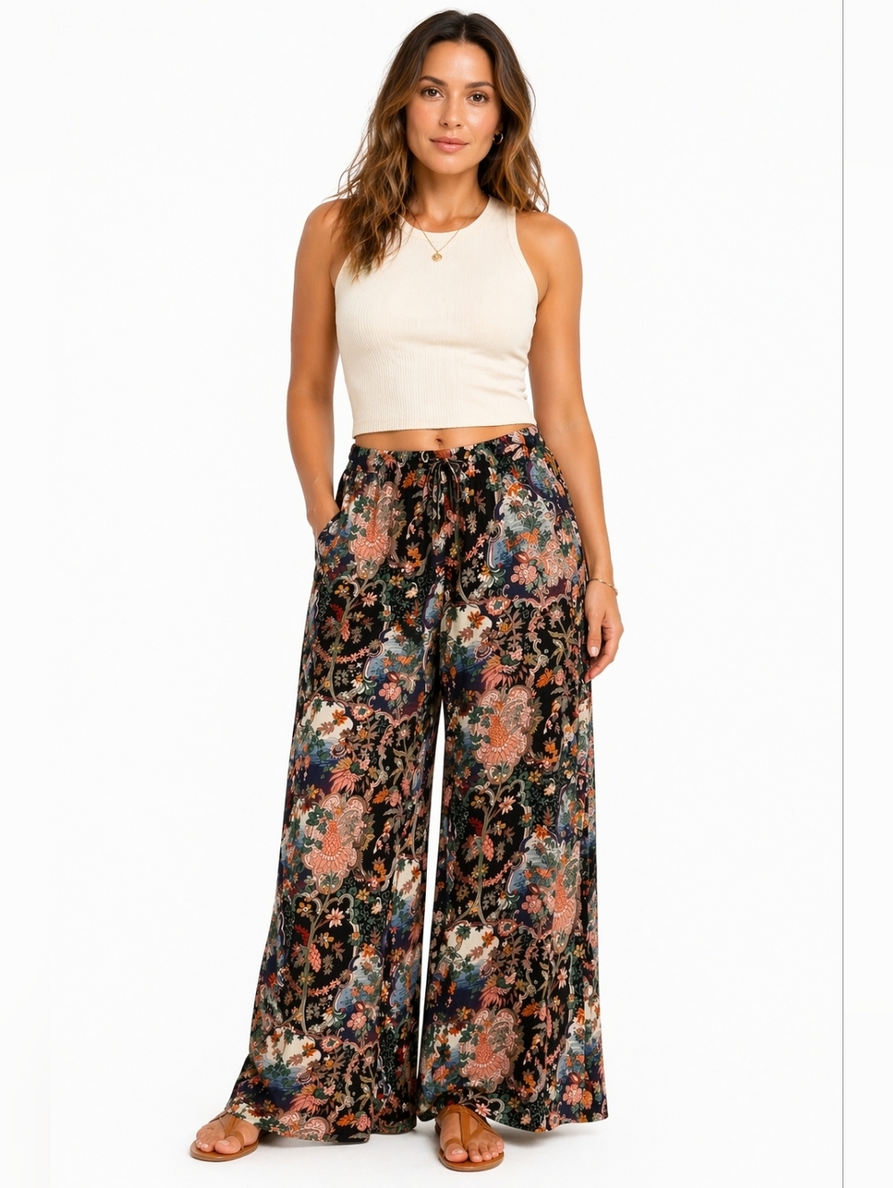 Zara Trafaluc Floral Wide Leg Pants Boho Palazzo Black XS